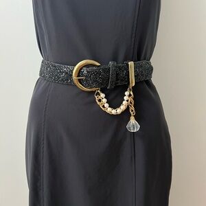 Black Glitter Belt with Gold Chain and Crystal Charm